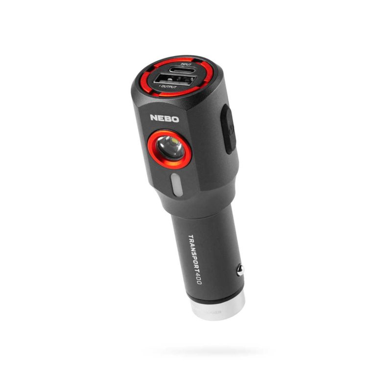 The Nebo Transport 400 flashlight and usb charger powered by an automotive powerpoint.